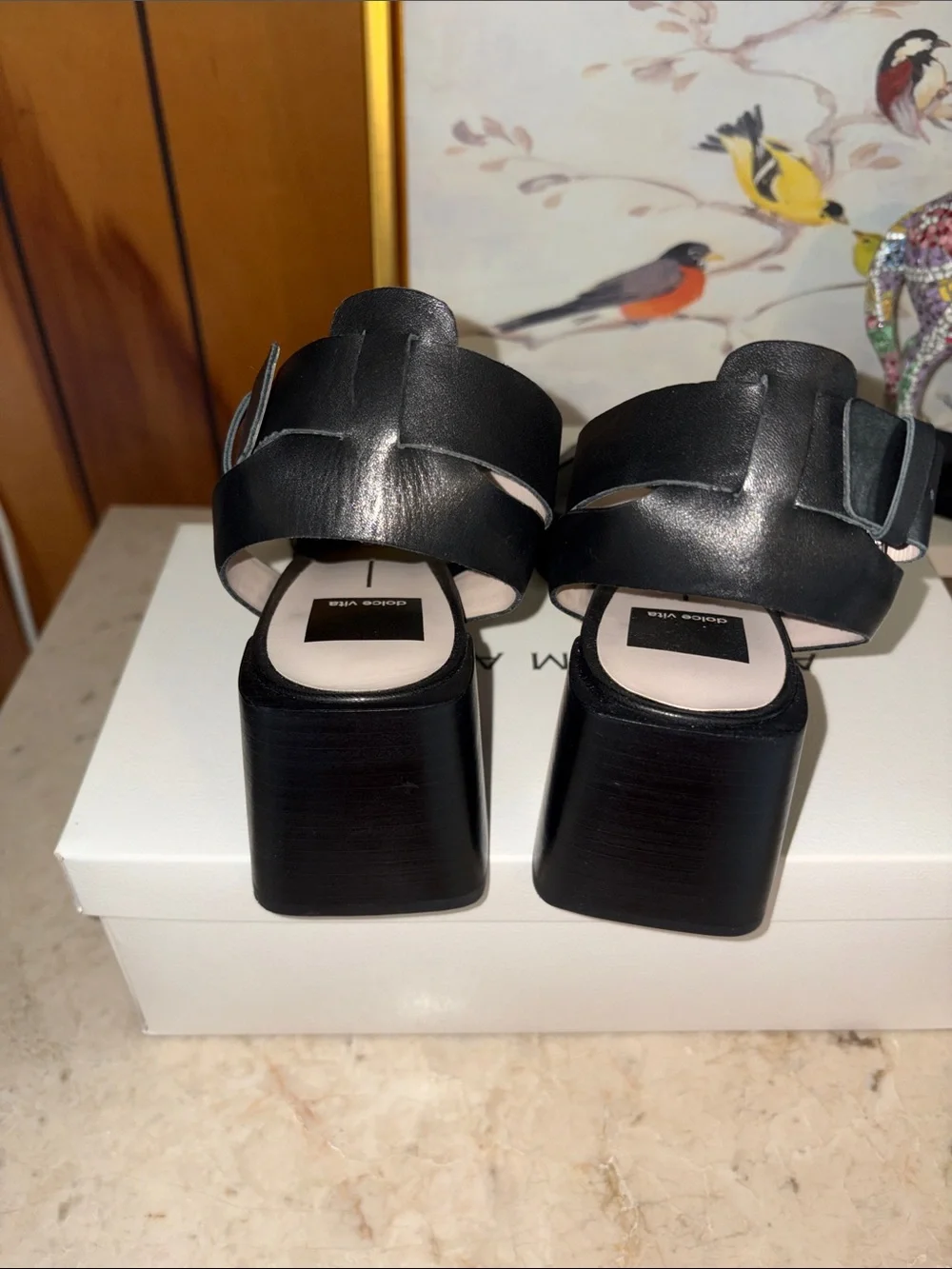 Black leather Lea Block Heel Buckle Sandals by